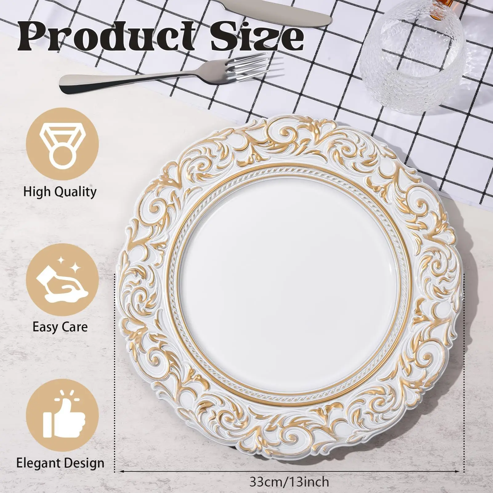 Antique Charger Plates,13 Inch White Round Plastic Embossed Charger Plate for Dinner Party Wedding Elegant Tableware Decoration