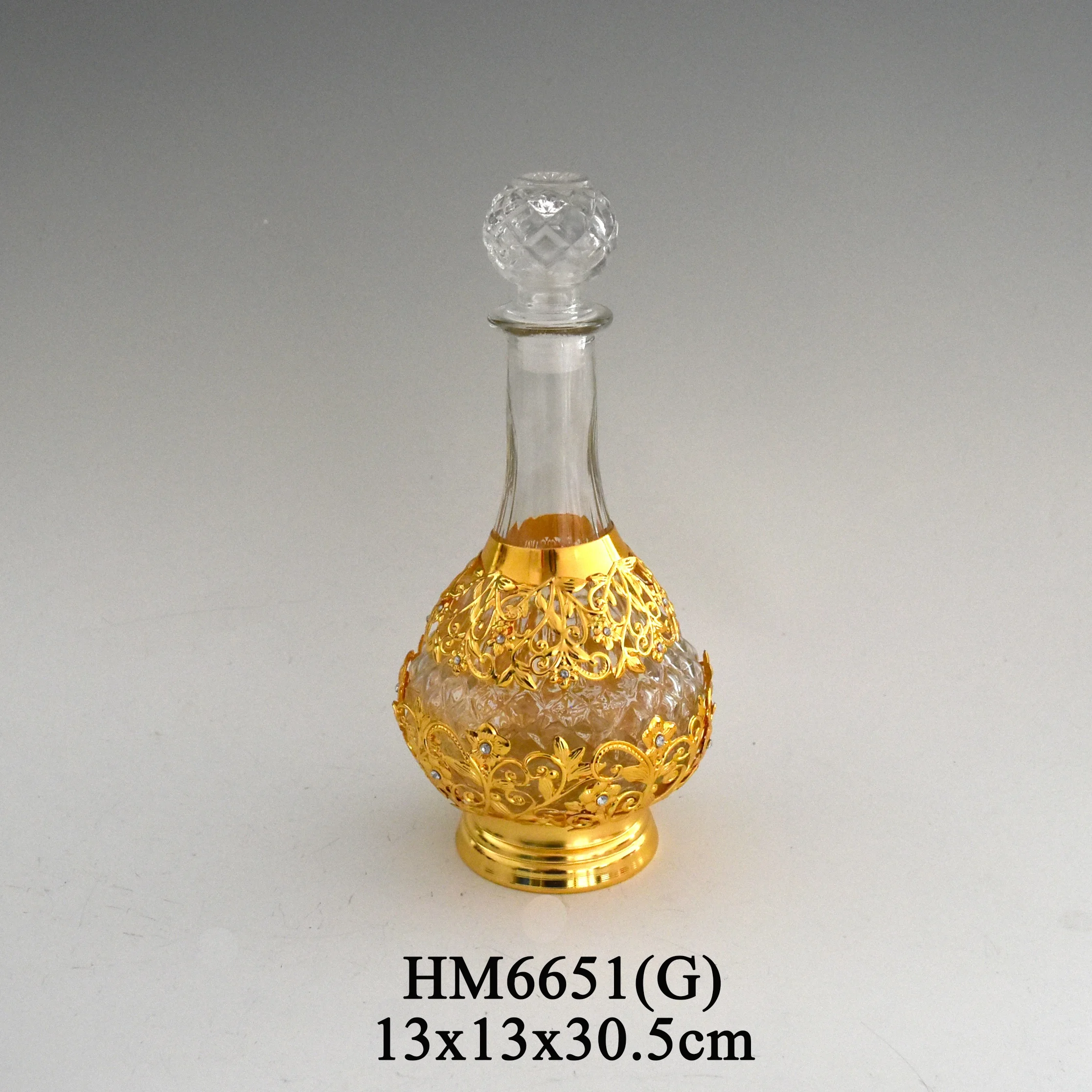 Glass decanters golden steel lace glass bottle vase perfume bottles with lid