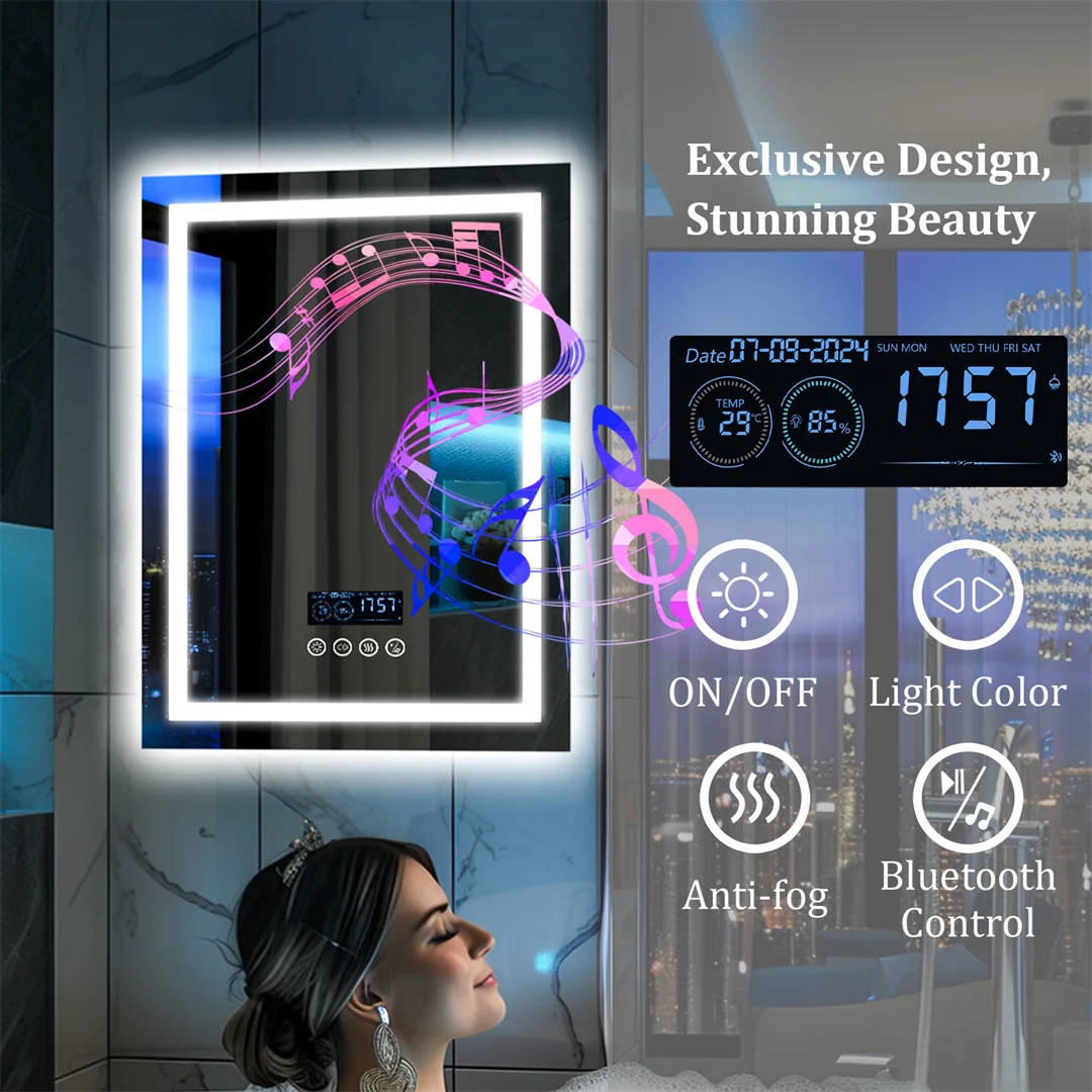 Bluetooth Bathroom Mirror Time Temperature Display Wall Hang Vanity Mirror with Dual Bluetooth Speaker Dimmable Anti-fog