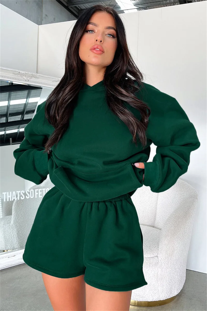 WWS-06 Boxy fit polyester cotton women hoodie and shorts set solid color female pullover and short sweatpants