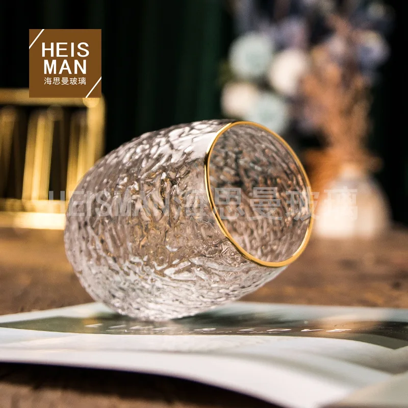 Transparent Hammer Pattern Creative color electroplated glass egg shaped cup Ins Rainbow Crystal Cup Whiskey cocktail glass