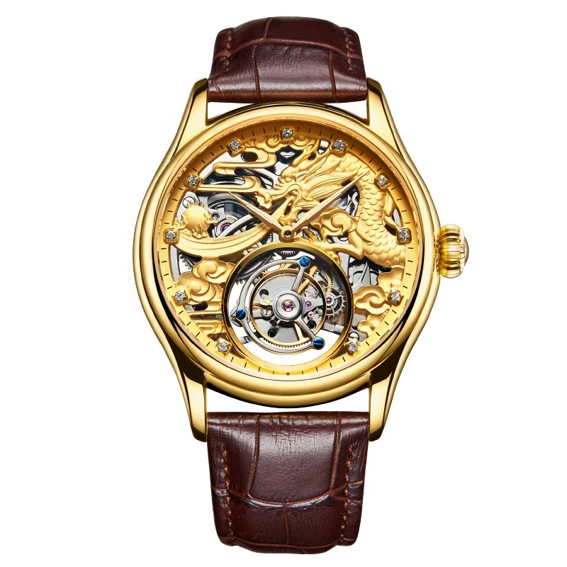 RTS Real Luxury Skeleton Flying Tourbillon Watches with Mechanical movement Wrist Watch Men 3D Dragon Gold Dial Watch