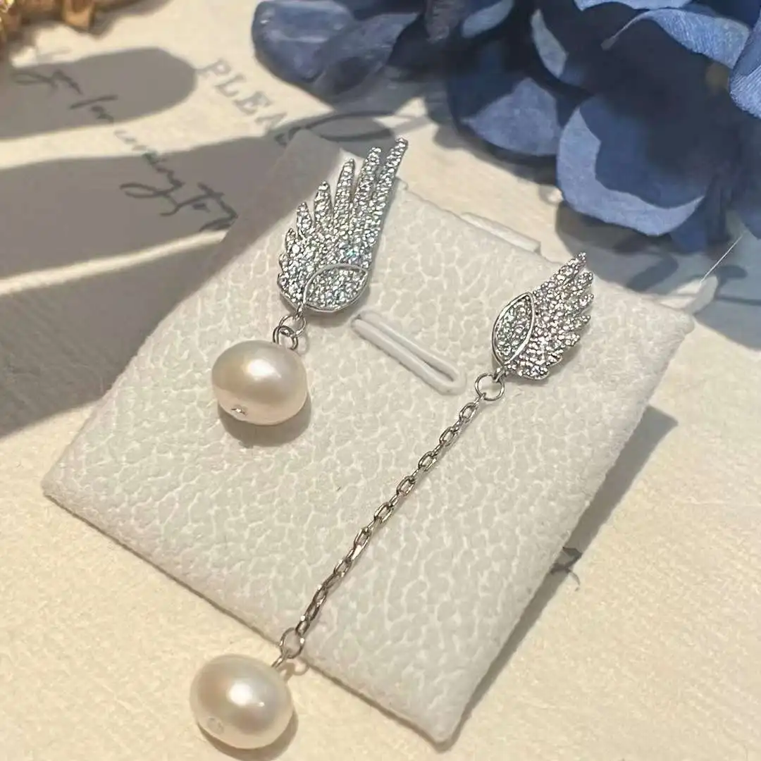 Angel Wings Asymmetric Silver Earrings 7-8MM Natural Freshwater Pearl Earrings Hanging Pearl Jewelry