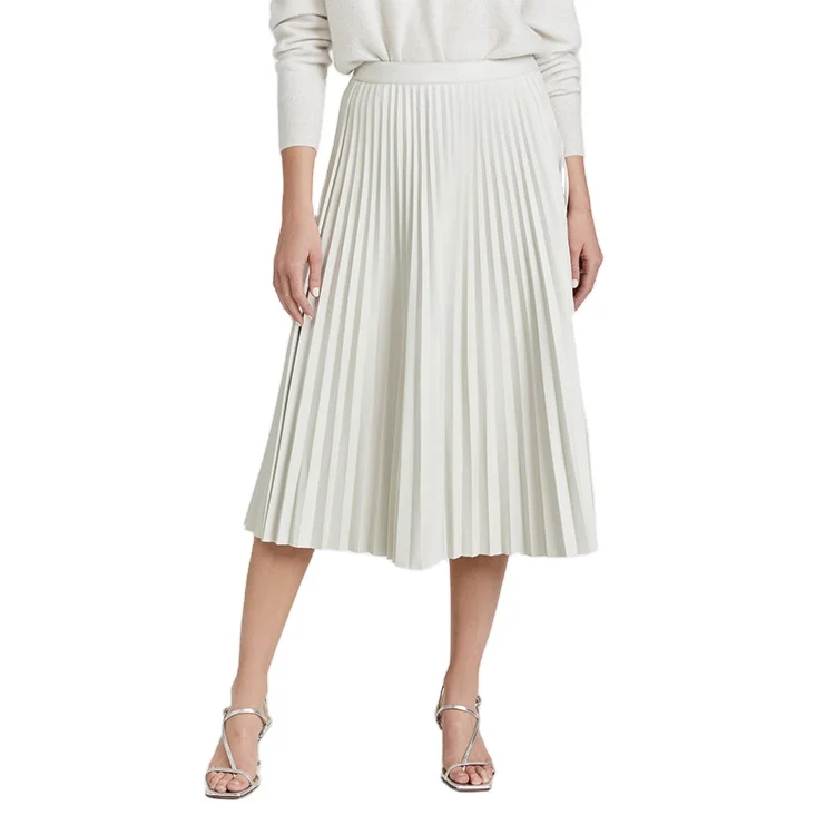 Factory wholesale ladies high waist solid skirts custom faux leather pleated detail midi women skirts casual