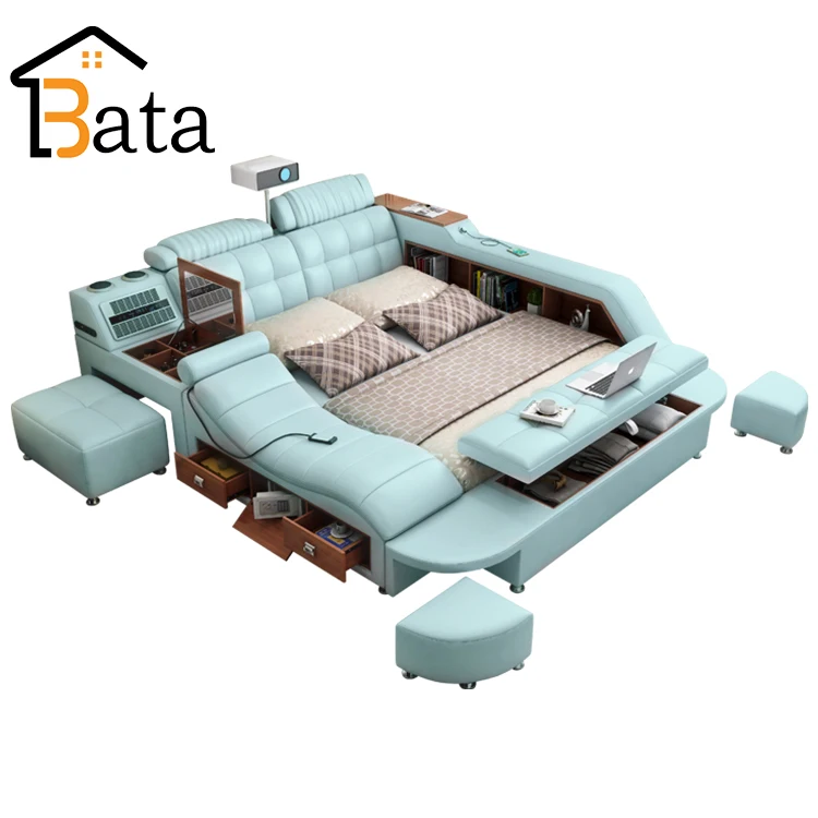 Modern Leather Fabric Bed With Storage Box Multimedia Function Household Bed Bedroom Furniture Sets