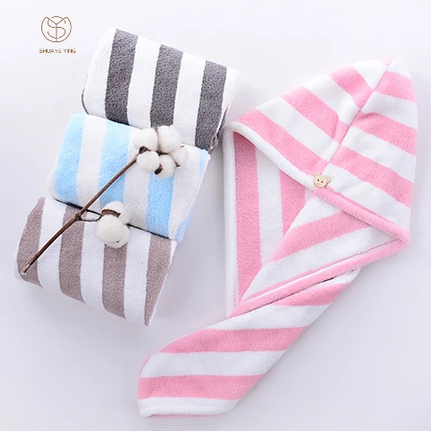
Wholesale Customized striped Coral Fleece hair drying hat microfiber hair towel wrap 