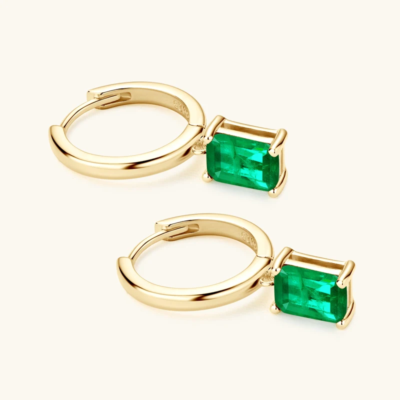 14K gold plated 925 Sterling Silver Radiant Cut Emerald Gemstone Drop Hoop Earrings For Women
