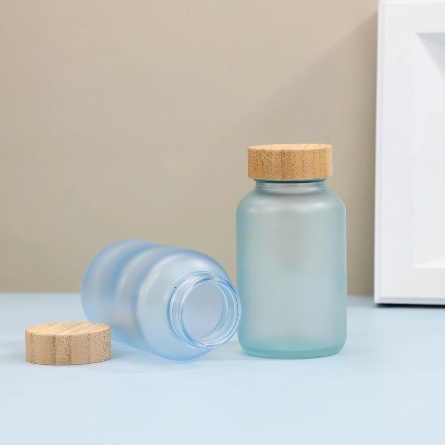 200ml Matte Blue Glass Vitamin Supplement Bottle Luxury  Pill Capsules Bottle Gummy Container with Bamboo Lid