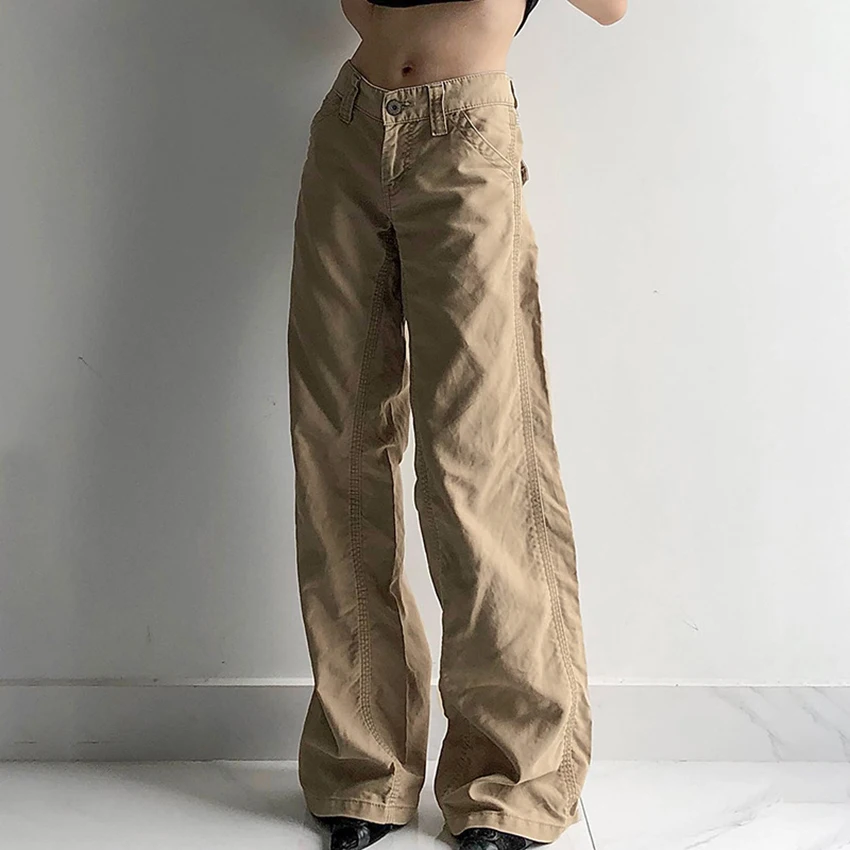 OOTN 2024 Street Style Minimalist Straight-Leg Pants Casual Fashion Low Waist Pleated Cargo Pants For Women Wide Leg Trousers