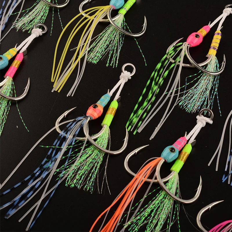 FUNADAIKO New 1/0 2/0 3/0 4/0 5/0 7/0 Strong Pike Fishing Jigging Double Luminous Assist Hooks Saltwater Sea Fishhook
