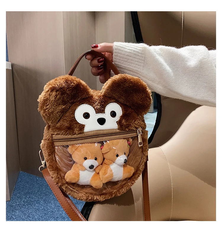 Wholesale Small Round Faux Fur Bag Plush Bear Clear PVC Transparent Window Cute Crossbody Ita Bag Custom