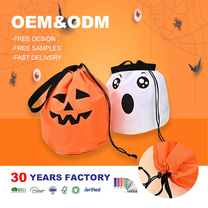 Wholesale Custom Decor Halloween Pumpkin Candy Drawstring Bags Reusable Goodie Bag For Kids Party