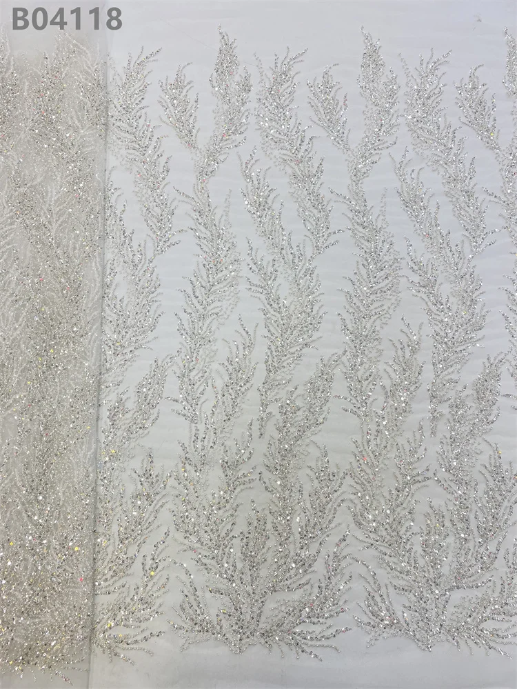 Factory Price Luxury White Lace Fabric Embroidery Sequence Beaded Embroidered Wedding Lace Fabric For Dress