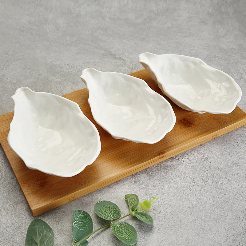WEIYE 2021 new arrival Oyster shell shape plate set bamboo base white porcelain snack dish Dessert plate