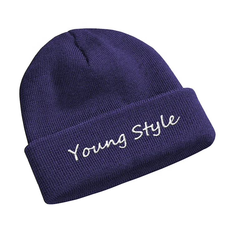Custom Unisex Long Ribbed 100% Acrylic Cuffed Knitted Beanie Hat with Embroidery