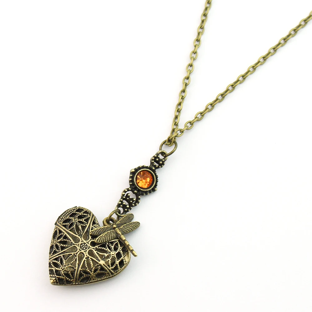 Outlander Dragonfly in Amber Crystal Celtic Heart Locket Necklace