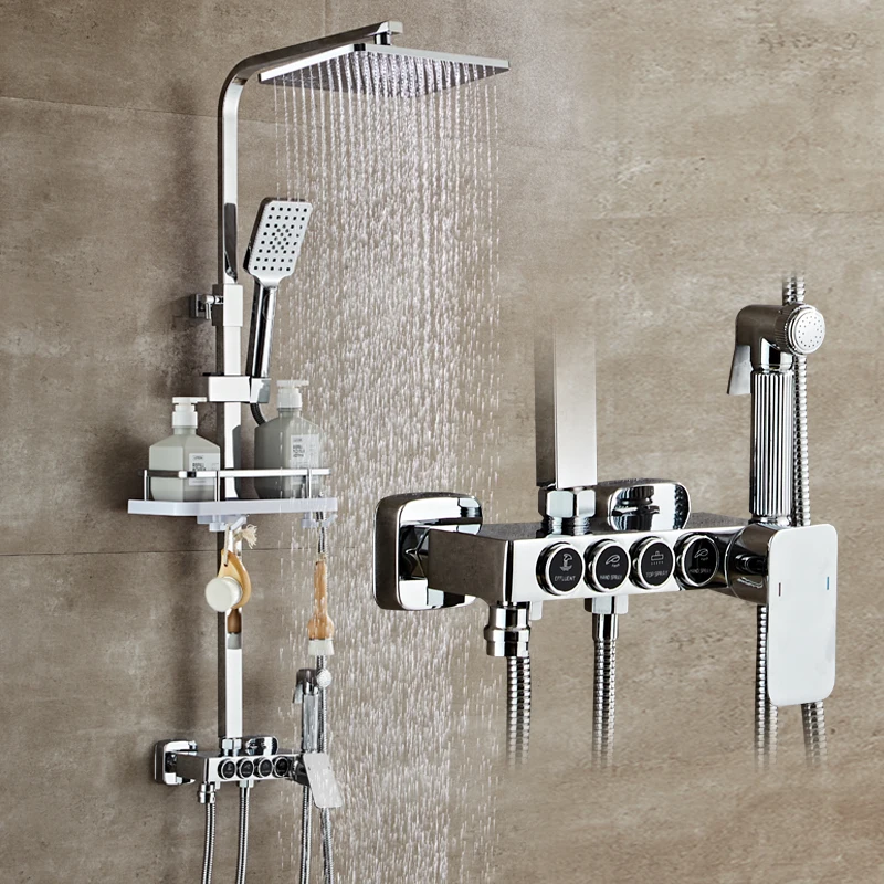 Modern Shower Water Heaters With Holder Shelf Hot and Cold Water Mixer Valve Brass Rainfall Shower Heads Faucets