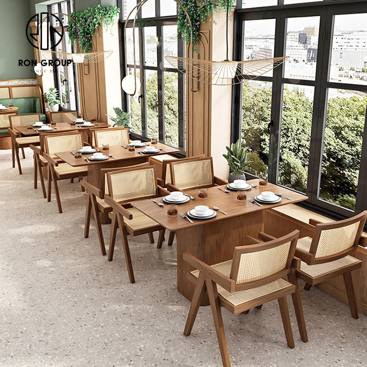 Modern Commercial Custom Color Restaurant Furniture Rattan Leather Sofa Booth Seating Wood Cafe Restaurant Table and Chair Set