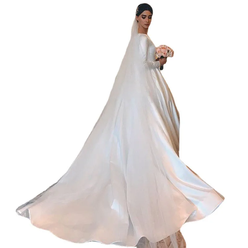 New high quality Muslim bridal gowns white elegant high waist full sleeve satin long wedding dress