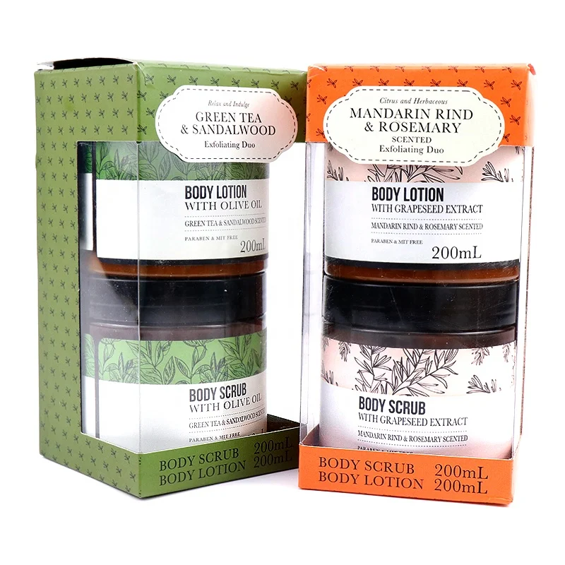 
Best Selling Custom Packaging Vegan Natural Exfoliator Organic Whitening Rosemary Body Scrub and Body Lotion Set 