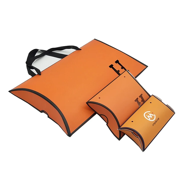 Custom size eco friendly recycled beautiful large paper pillow gift packaging product boxes with ribbon handle