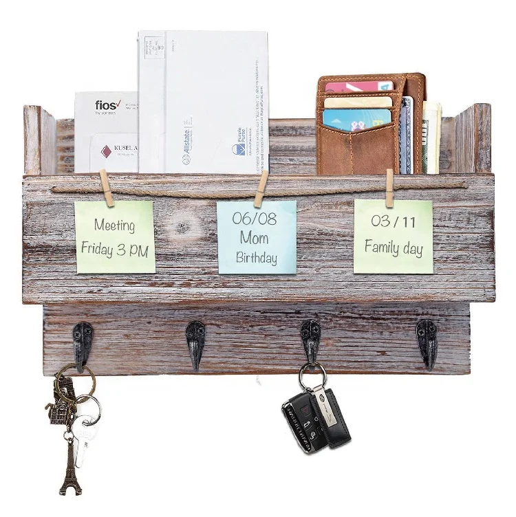 Rustic Wood Wall Entryway Mail Organizer with 4 Key Holder Hooks