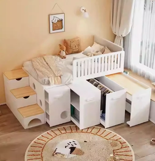 New Design Kids Bunk Bed Solid Wooden Bedroom Furniture  Double Bunk Beds with Stairs for Children with Cat Nest