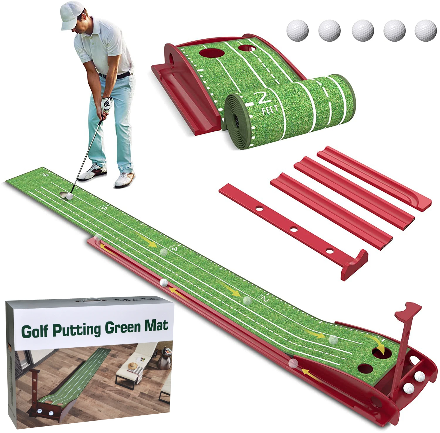 Wood Golf Putting Mat with Auto Ball Return Indoor Golf Practice Mat Velvet Golf Putting Mat Putting Training Aid