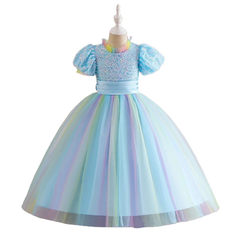 Sequin Decoration Zipper Closed Ruffle Short Sleeve A-line Girl Birthday Dress For 10 Years Older Girl Dress For Party