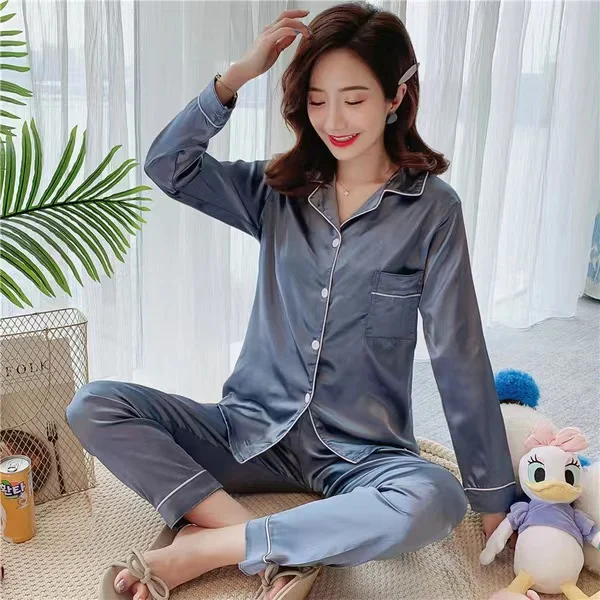 Custom High quality silk long sleeve sleepwear set solid color luxury satin pajamas women spring autumn pijamas woman plus size