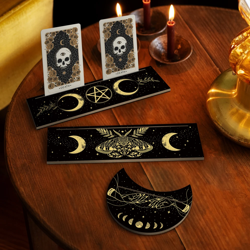 Handcrafted Wooden Tarot Card Holder Crescent-Shaped Creative Desk Decor Essential for Mystical Divination