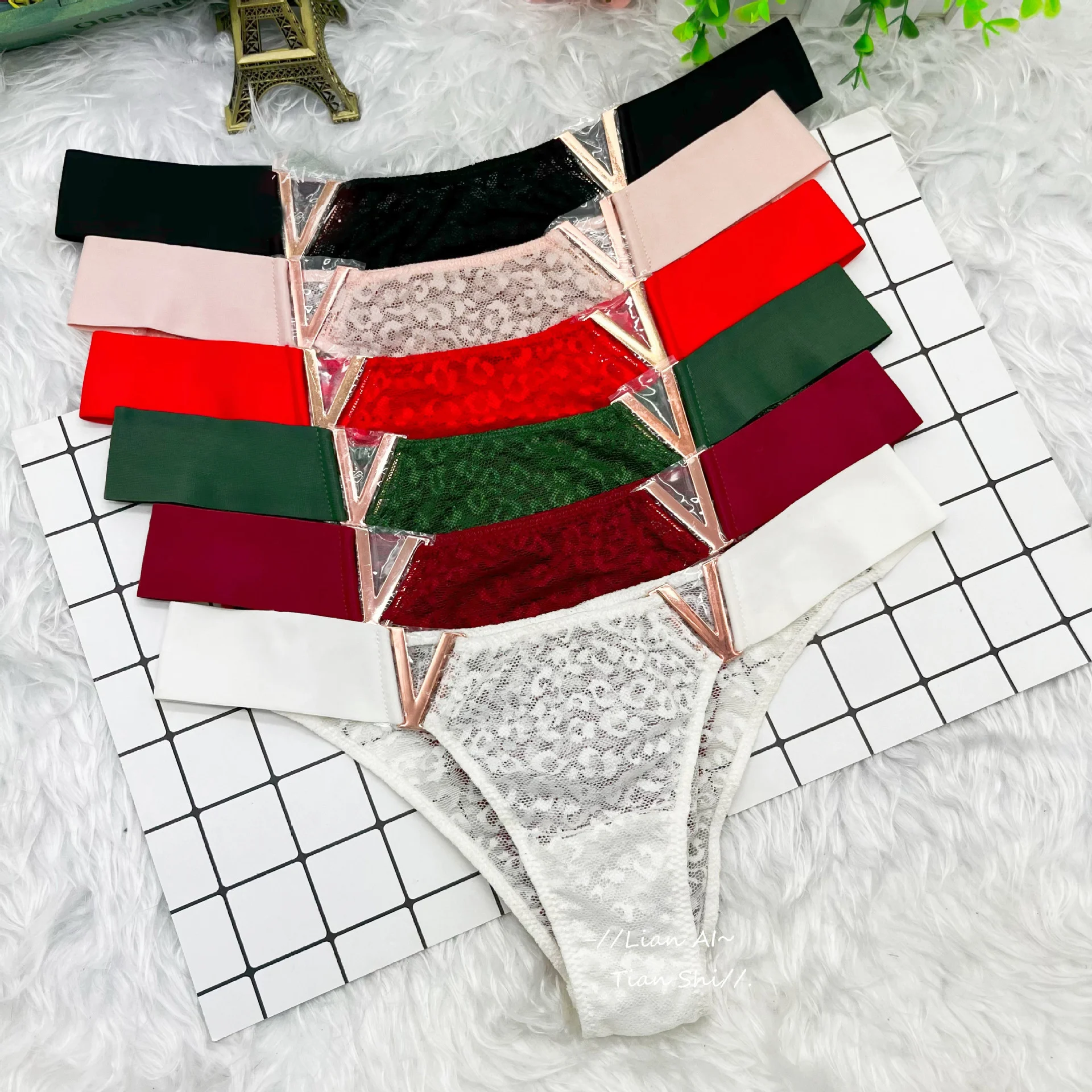 Factory Women Sexy Lace metal Thong Temptation Low-waist Embroidery  Hollow out  Panties