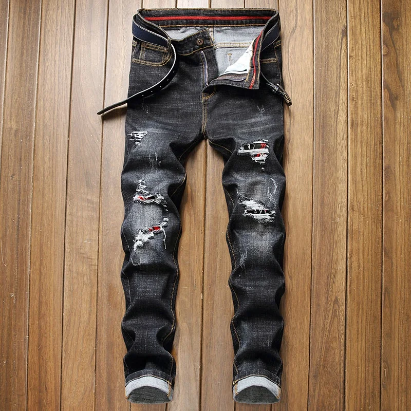
OEM Vintage Washed Stock Dropshipping Ripped Distressed Men Track Skinny Jeans Pants 
