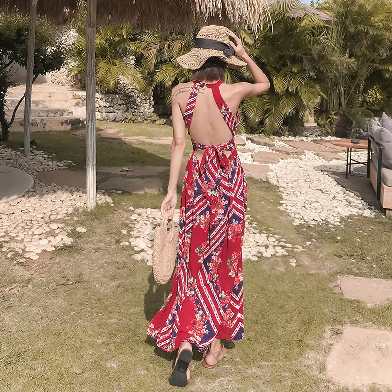 Classic Hawaiian Beach Leaky Back Skirt Wearing Sexy Casual Dresses for Island Holiday Travel