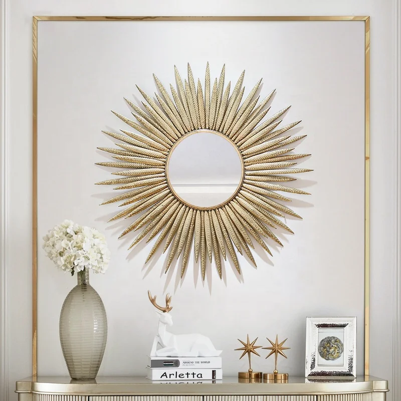 European luxury creative sun shape wall mirror metal leaves design for hotel living room bedroom wall mirror