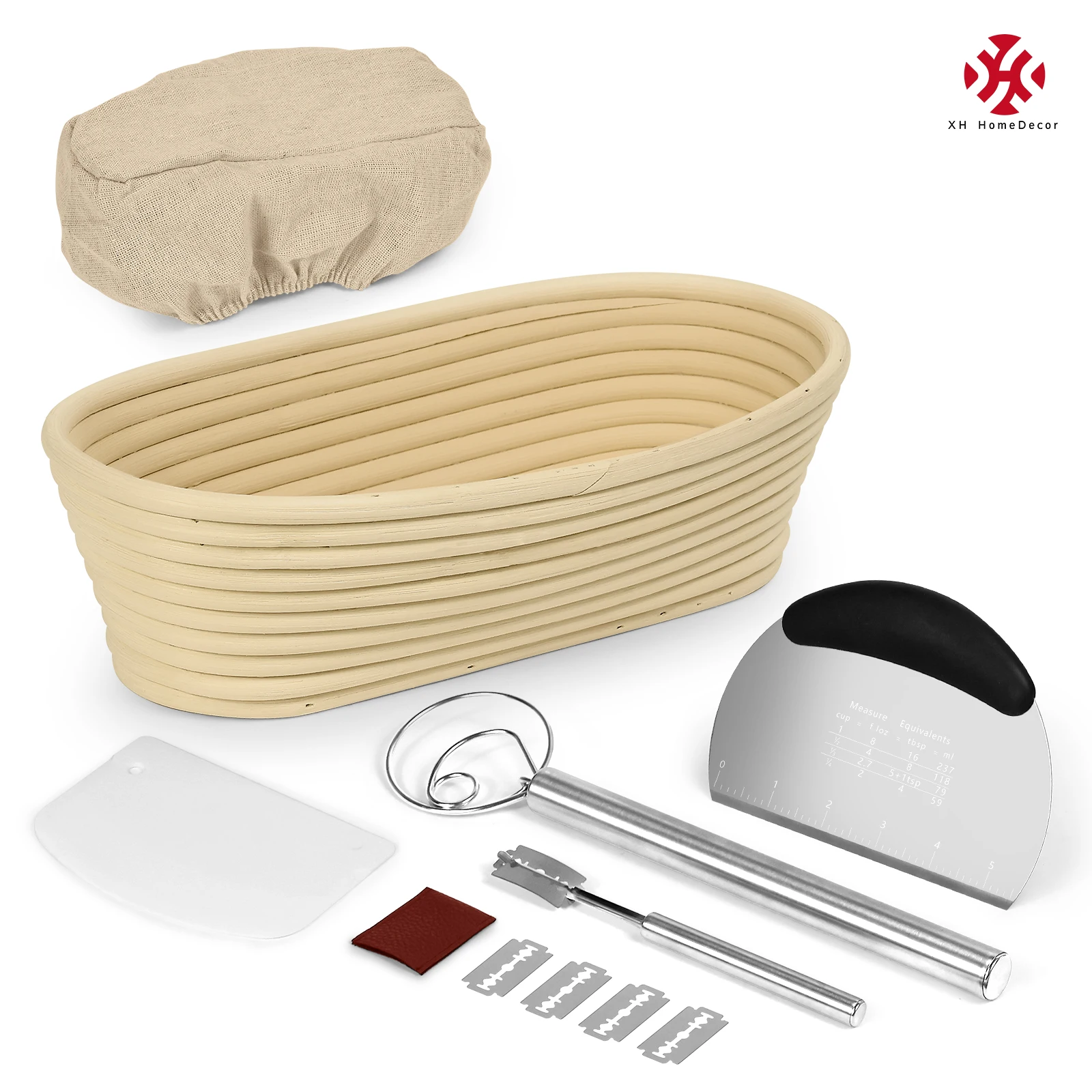 XH Source factory 11 inches sourdough bread proofing basket set Complete baking tools natural rattan stainless steel nail