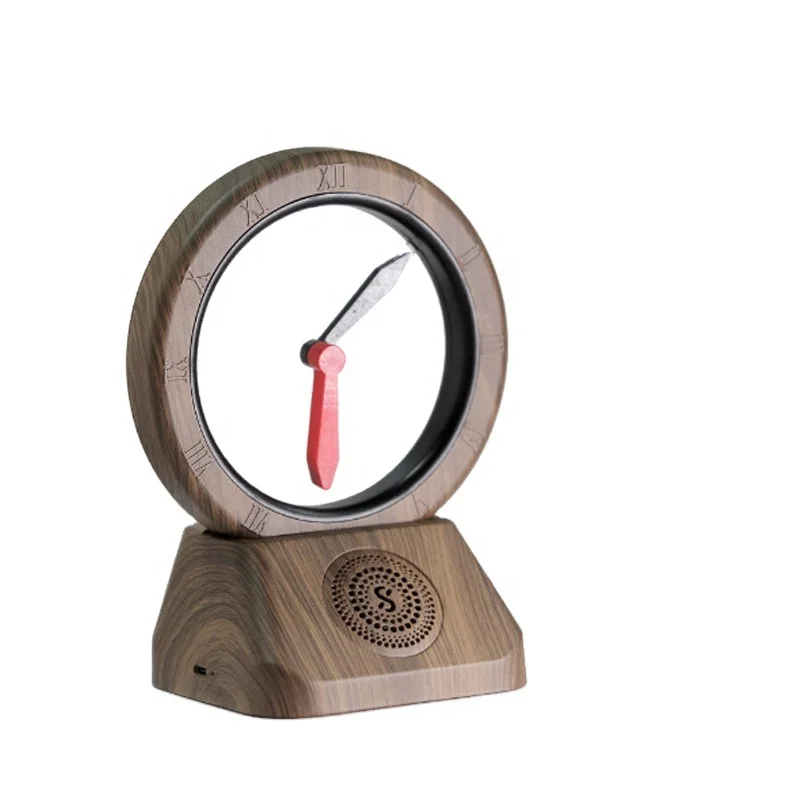 2024 New Floating Clockwise Creative Reverse Clock Vintage Bluetooth Speaker Wooden Desk Clock