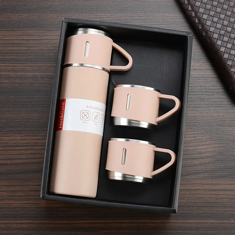 Top Quality Double Layer Stainless Steel Sport Water Bottle Two Cups Gift Set Bullet Type Vacuum Flask Gift Sets