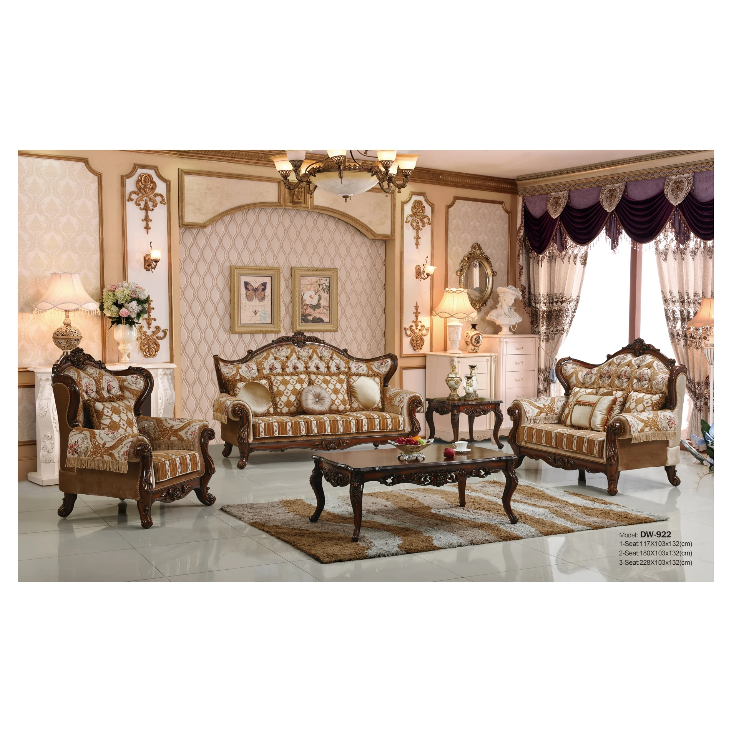 Hot Sale Classical Leather Solid Wood French Italian Sofa Set 123 Sofa Set Living Room FurnitureWA530