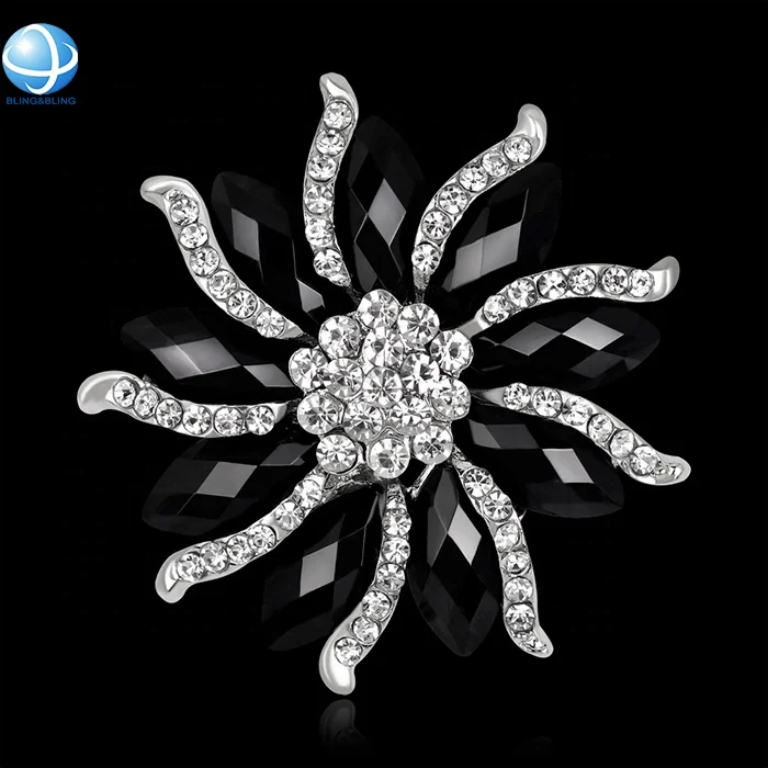 Custom Black Rhinestone flower Zircon brooches pins for women fashion festival