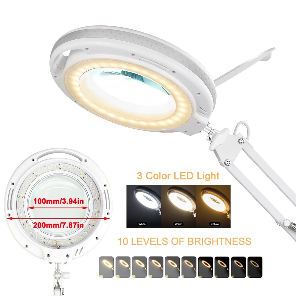 USB Magnifying Glass Table Lamp 3 Color Adjustable Lights for Reading Crafts Hobby Soldering Lamps 5X Magnifier with Cover