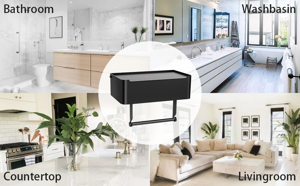 Commercial Stick on Wall Mount Chrome Tissue Box Bathroom Black Toilet Roll Paper Holder With Storage Organizer Shelf Dispenser