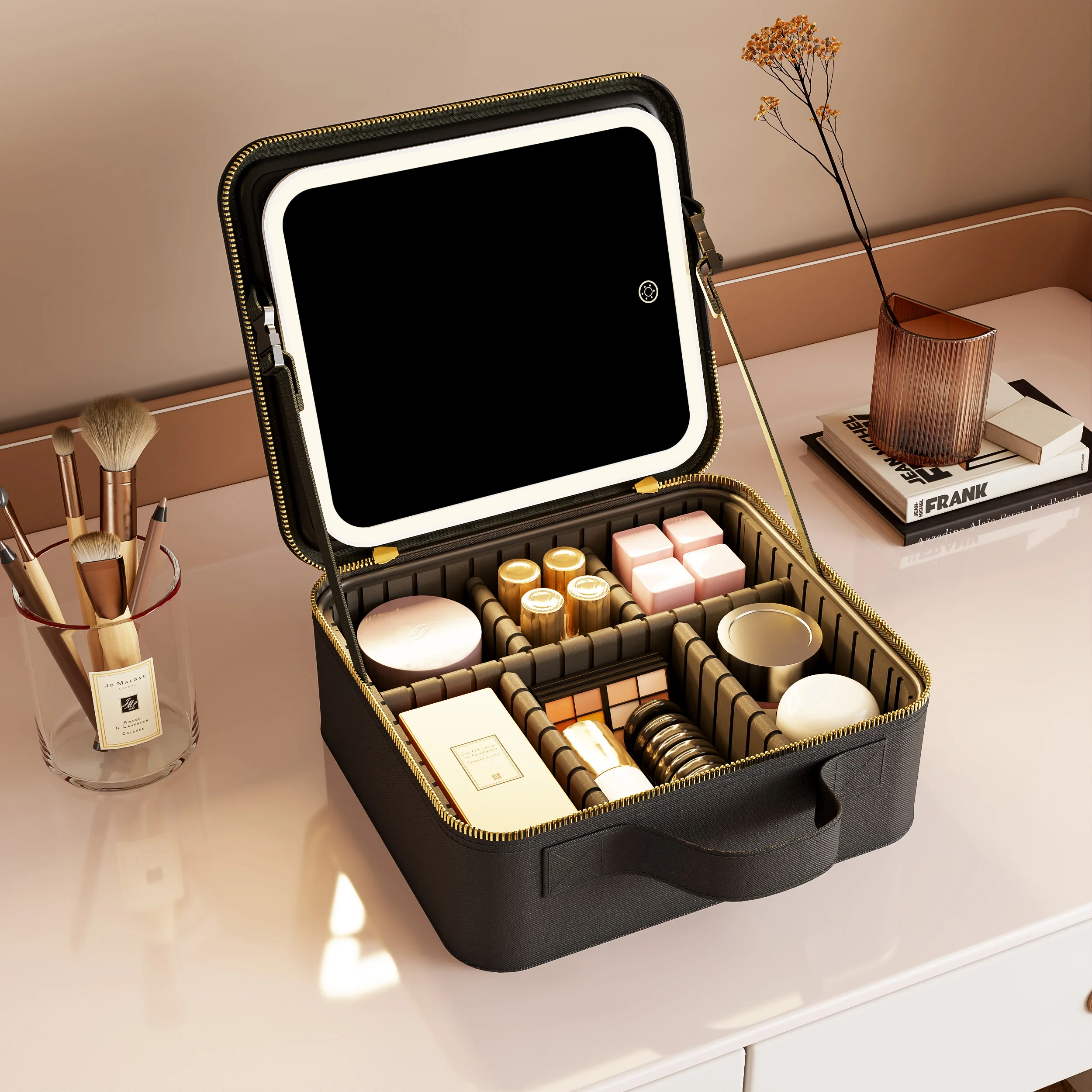 Travel Portable Make Up Organizer Storage Box Case Detachable Led Makeup Bag With Light Up Mirror
