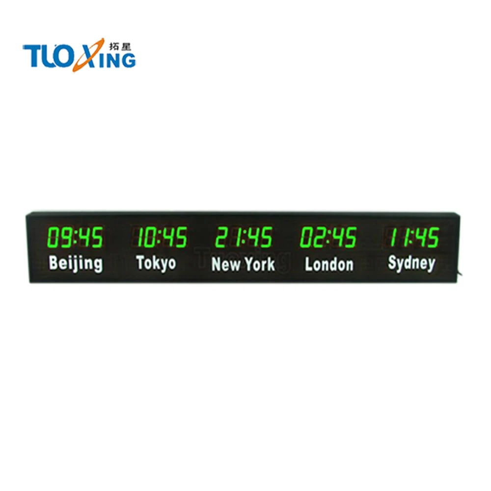 Large digital alpha-numeric led clock multi time zone
