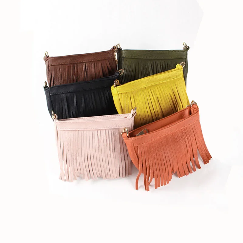 Wholesale blank PU leather fabric cute girls fringe coin bag kids chain purse