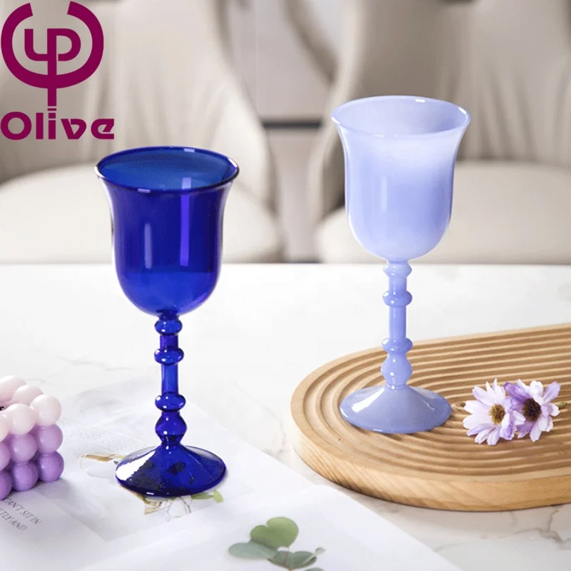 Vintage Home Decor Stained Glass Stemware Roman Column Hand Blown Red Wine Glass French High Borosilicate Colored Glass Goblets