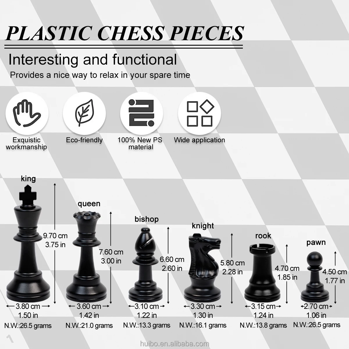 Professional supplier quality plastic chess pieces 9.7 cm 3.75 inch PS chess pieces