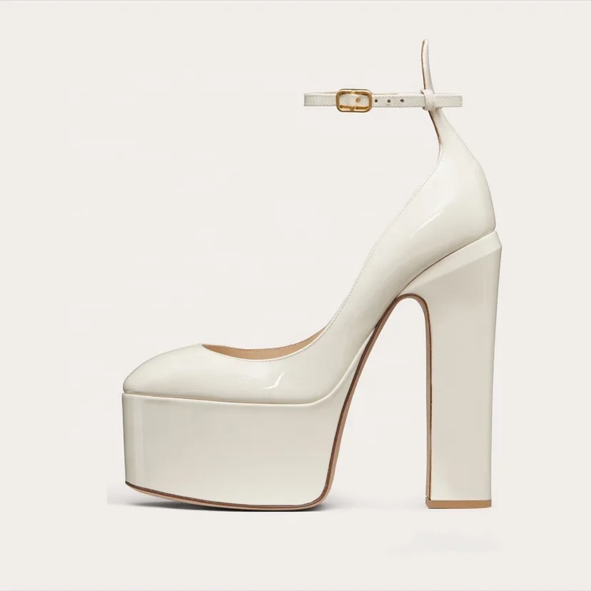 Custom Designer Shoes Patent PU Sexy Ladies Ankle Pumps High Block Heels Women Platform Shoes for Party Ankle Strap Rubber Hjj