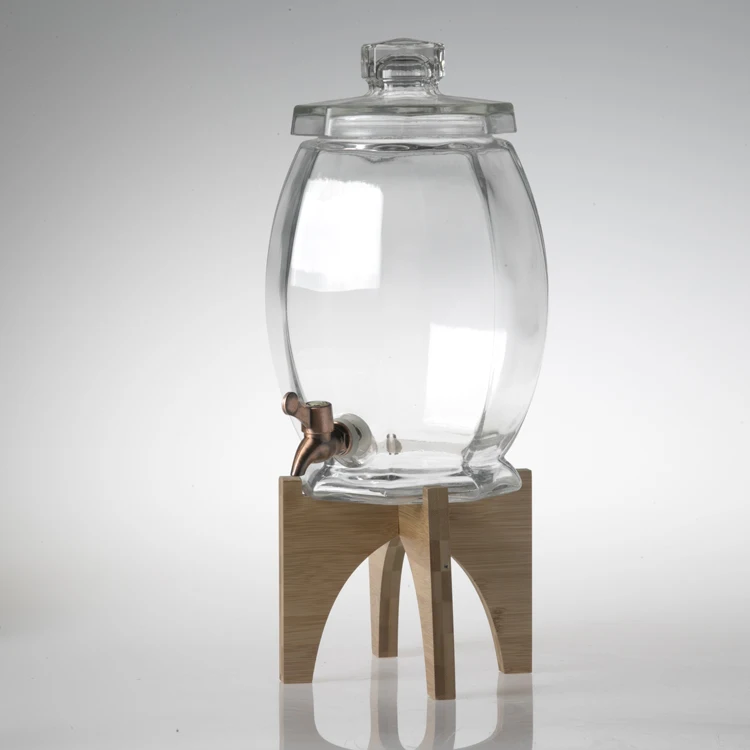 new design clear glass containers glass drinking beverage dispenser with metal lid and wooden stand