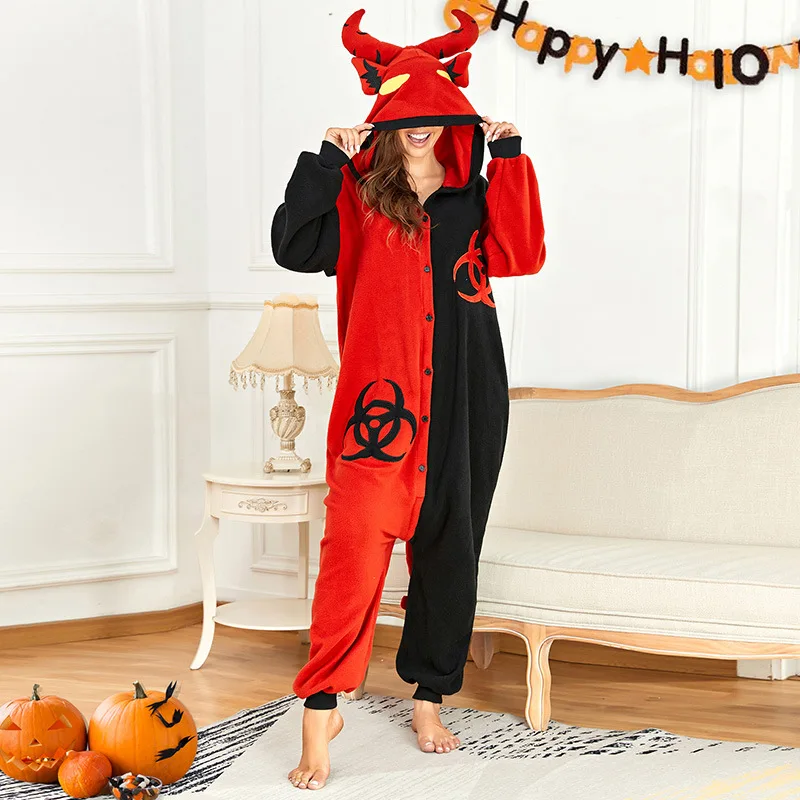 Wholesale Halloween Christmas Adult Devil Crown Cosplay Onesie Thick Flannel Cartoon Women Pajamas